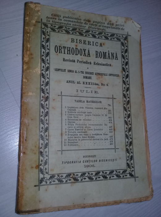 Revista periodica Ecleziastica a Bisericii AUTOCEFALE ORTODOXE ROMANE 1908