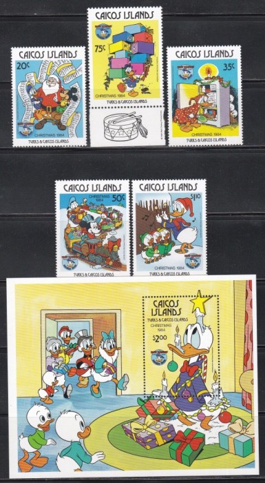 Caicos 1984 - Crăciun - Walt Disney, Serie RARA + Colita, MNH