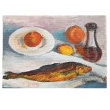 E62 Tablou, Natura statica cu peste, 2023, acrilic pe carton, neinramat, 24x18cm, Realism, RavariuArt