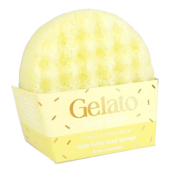 Burete de baie infuzat cu unt de corp si uleiuri esentiale Vanilla &amp; Tonka Gelato Body Buffer 200g, Bomb Cosmetics