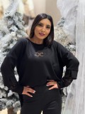Bluza dama neagra cu dantela la maneci si aplicatii pentricele