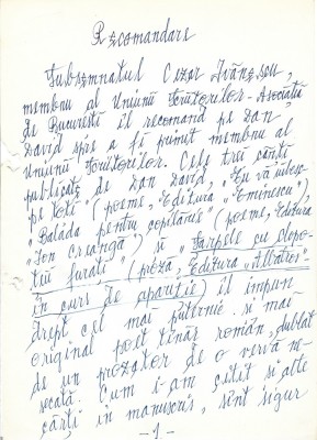 A3521N Cezar Ivănescu, act scris și semnat olograf, 1983 foto