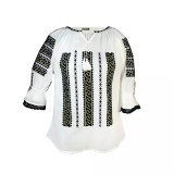 Cumpara ieftin Bluza Tip Ie Traditionala Alba cu Motiv Geometric Negru de Dama - IMS132