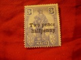 Timbru Malta 1925 colonie britanica supratipar 2 1/2p/ 3p , sarniera, Nestampilat