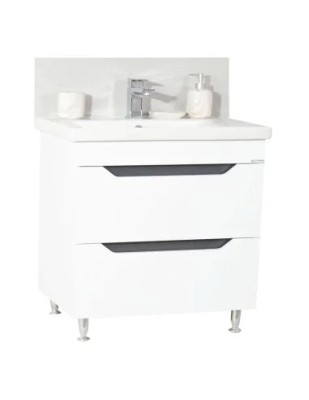 Baza si lavoar ceramic GN7561, mobilier baie stativ 80 cm, circular, front MDF, 2 sertare, picioare cromate reglabile, alb/antracit foto