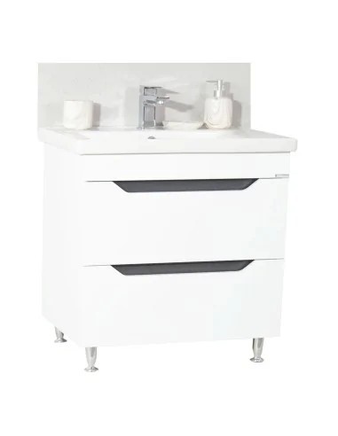 Baza si lavoar ceramic GN7561, mobilier baie stativ 80 cm, circular, front MDF, 2 sertare, picioare cromate reglabile, alb/antracit