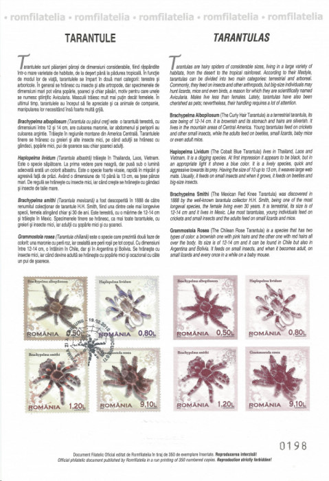 Romania, LP 1856a/2010, Tarantule, carton filatelic