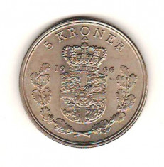SV * Danemarca 5 KRONER 1966 * Regele Frederik IX AUNC + luciu monetar foto