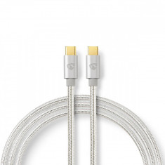 Cablu USB-C - USB-C, 5A, 100W, placat cu aur, 1m, argintiu/textil, Nedis