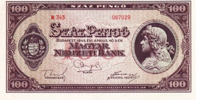 Ungaria 100 Pengo 1945 P-111 Seria 087029 foto