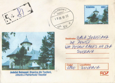 Romania, Biserica din Tocileni, plic recomandat, circulat intern, 2002 foto