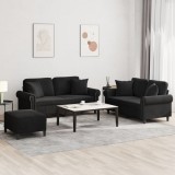 VidaXL Set de canapele cu perne, 3 piese, negru, catifea