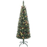 HOMCOM Pom de Crăciun Subțire 150 cm Artificial, Lumini Incorporate &icirc;n 8 Moduri, 311 Ramuri Dense Ignifuge &Icirc;nzăpezite, 30 Conuri de Pin și 30 Ciorchin