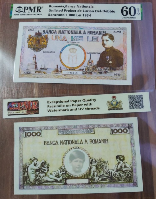 REPRODUCERE pe hartie cu filigran si fire UV proiect bancnota 1.000 lei 1934
