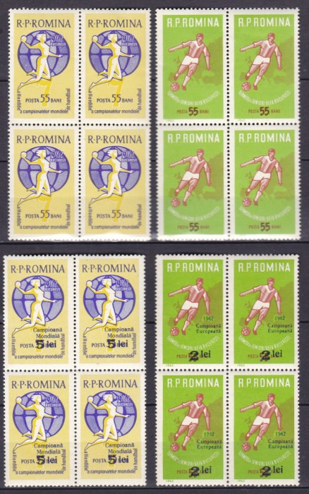 ROMANIA 1962 LP 535 LP 537 LP 545 LP 546 TURNEUL U.E.F.A./R.P.R.BLOCURI DE 4 MNH