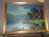 Pescari dim 65x45cm lucrare pe panza nesemnata, Natura, Ulei, Realism