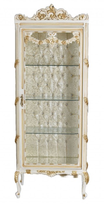 Vitrina Rococo din lemn masiv alb cu decoratiuni din alama CAT949D