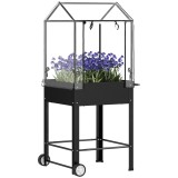 Outsunny Pătrat de grădină pe picioare cu capac din plastic, jardiniere ridicată cu roți și orificiu de drenaj 67 x 69 x 147 cm negru | Aosom Romania