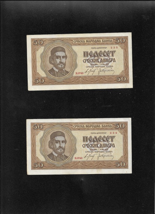 Set Serbia Srpska 2 x 50 dinari dinara 1942 xf-aunc consecutive
