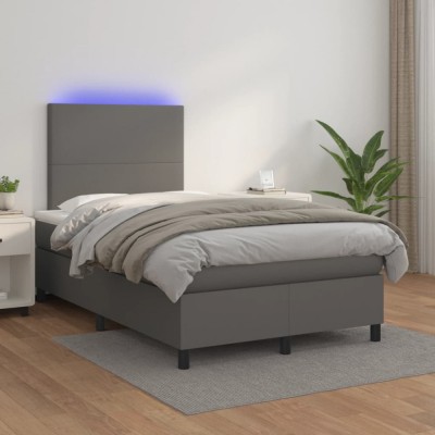 vidaXL Pat cu arcuri, saltea și LED, gri, 120x200 cm, piele ecologică 3135817 foto