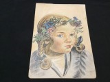 colectie / arta / design - Creion colorat portret de fetita / mijlocul sec XX !