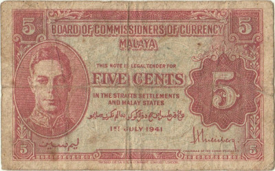 1945, 5 cents (P-7a) - Malaya! foto