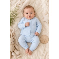 Set bebelusi din 2 piese bumbac rib &ndash; Bluza cu capse si pantaloni, culoare bleu