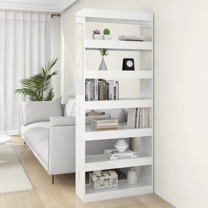 Bibliotecă/Separator cameră, alb extralucios, 80x30x198cm, lemn