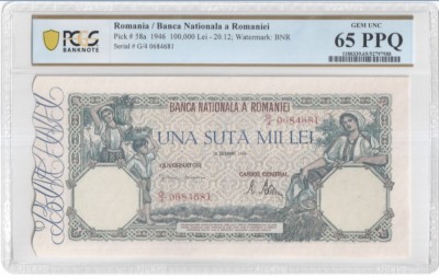 100000 lei dec 1946 PCGS65 UNC bancnota gradata foto
