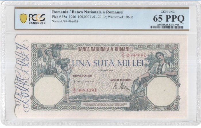 100000 lei dec 1946 PCGS65 UNC bancnota gradata