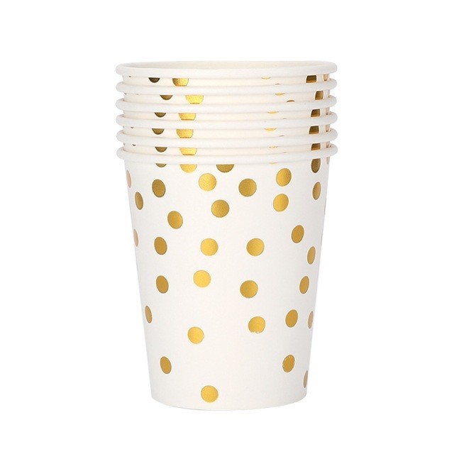 Set 10 pahare, flippy, imprimeu cu buline, din carton, 250 ml, 7.5 x 8.5 x 5.2 cm, auriu