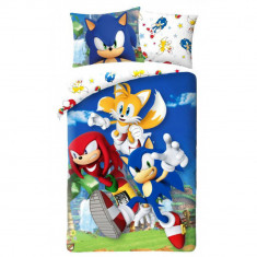 Lenjerie de pat Sonic the Hedgehog, 2 Piese, 2 Fete, 140A 200cm, 70A 90cm, 100% Bumbac, Calitate Superioara