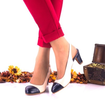 Pantofi dama eleganti din piele naturala ,nud cu bleumarin,toc 5cm - NAA20 foto