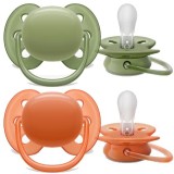 SCF093/01Set 2 suzete Ultra Soft Philips-AVENT SCF093/01, Ortodontice, fara BPA, 18 luni+, Portocaliu/Verde