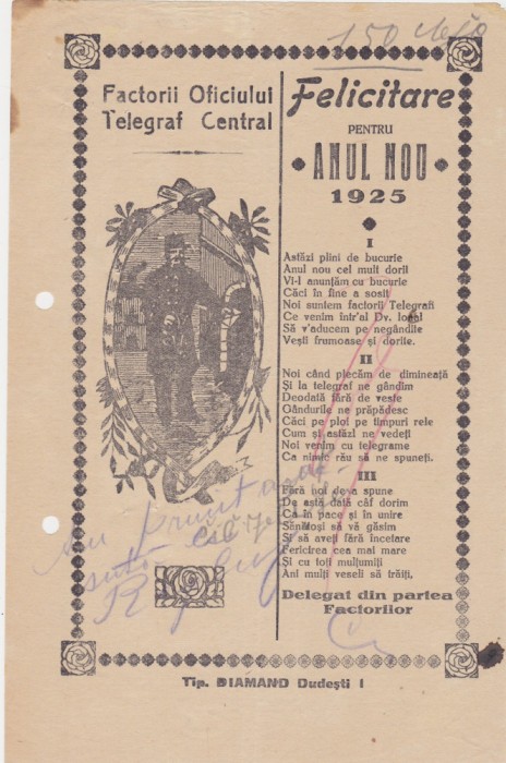 Felicitare pentru anul nou Factorii Oficiului Telegraf Central Bucuresti 1925