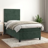 Cumpara ieftin Pat box spring cu saltea, verde &icirc;nchis, 90x200 cm, catifea