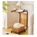Masuta Multifunctionala pe Roti, pentru canapea sau pat, cu Raft si Buzunar lateral, 63 x 40 x 28 cm, Maro/Negru