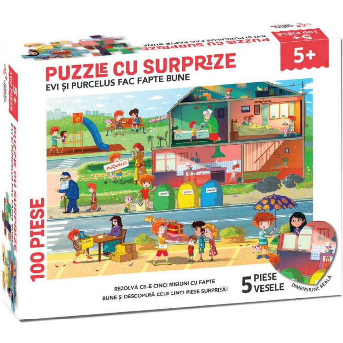 Puzzle cu surprize - Evi si Purcelus fac fapte bune (100 piese), 61 x 42 cm, 5 ani+