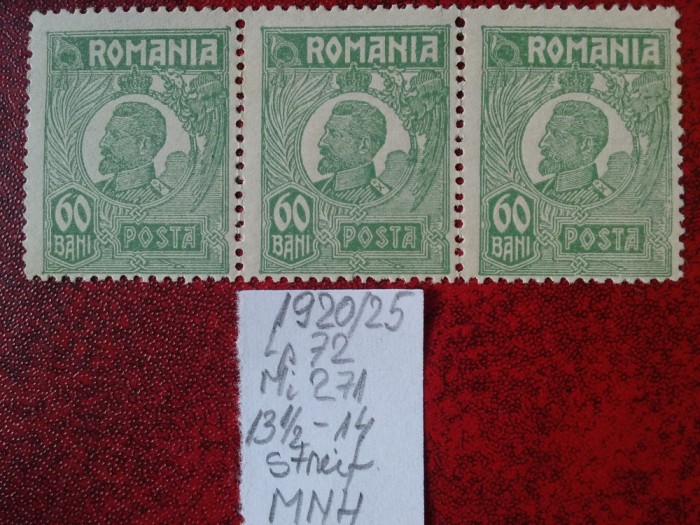 1920- Romania- Ferd. b. mic Mi271-Hartie alba-streif 3 oriz.-MNH