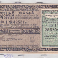 Bilet de loterie ;Loteria de Stat ;Clasa 4 ; 15 Octombrie 1935,Timbrul Loteriei
