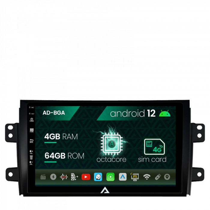 Navigatie Suzuki SX4 Fiat Sedici, Android 12, A-Octacore 4GB RAM + 64GB ROM, 9 Inch - AD-BGA9004+AD-BGRKIT307