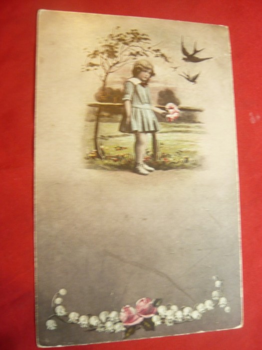 Ilustrata- Fetita cu flori ,pasari -piesa de autor ,circulat Austria 1918