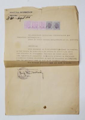 CERTIFICAT EMIS DE MINISTERUL DIRECTIUNEI ADMINISTRATIVE DIN MINISTERUL INFORMATIILOR , EMIS LA 1 AUGUST 1946 foto