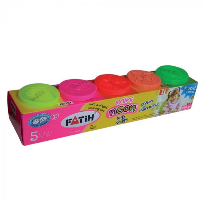 Plastilina Usoara Fatih, 250 g, 5 Culori Neon, cu Recipiente, Plastilina in Borcanele, Plastilina in Borcan, Plastilina pentru Copii, Plastilina Model