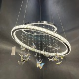 Lustra LED suspendata cu telecomanda si cristal 50W, 2 Cercuri, lumina Rece/Calda/Neutra, Dimabila, Crom Lucios, Inaltime Reglabila ModernLight Concep