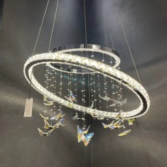 Lustra LED suspendata cu telecomanda si cristal 50W, 2 Cercuri, lumina Rece/Calda/Neutra, Dimabila, Crom Lucios, Inaltime Reglabila ModernLight Concep