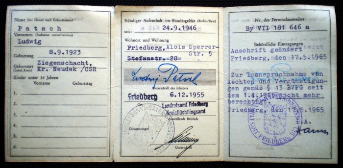O.182 GERMANIA RFG CARTE DE IDENTITATE PENTRU PERSOANE STRAMUTATE SI REFUGIATI 1955