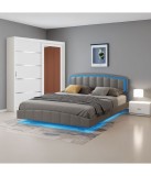 Dormitor Gri 160x200 cm cu Pat Tapitat Piele Eco LED, Dulap 150cm, Noptiere - Fara Saltea
