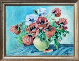 Cumpara ieftin Vas cu maci, pictură pe carton, semnată şi datată 1986, Flori, Ulei, Realism