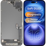 Display cu Touchscreen si Senzor Proximitate MP compatibil cu Apple iPhone 16, cu Rama, Versiune Soft OLED FHD Diagnostic, Negru